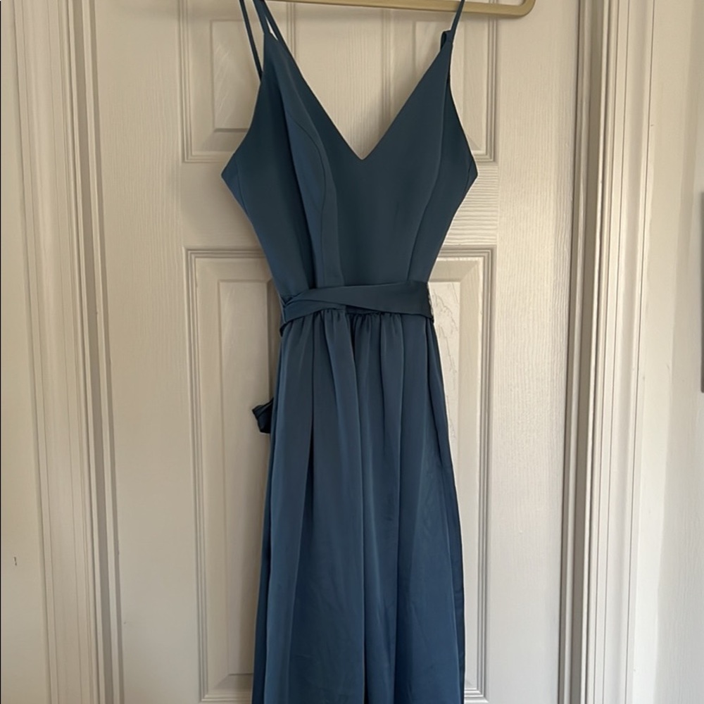 Satin, Worn once, unaltered. Steel blue bridesmaid dress from David’s Bridal